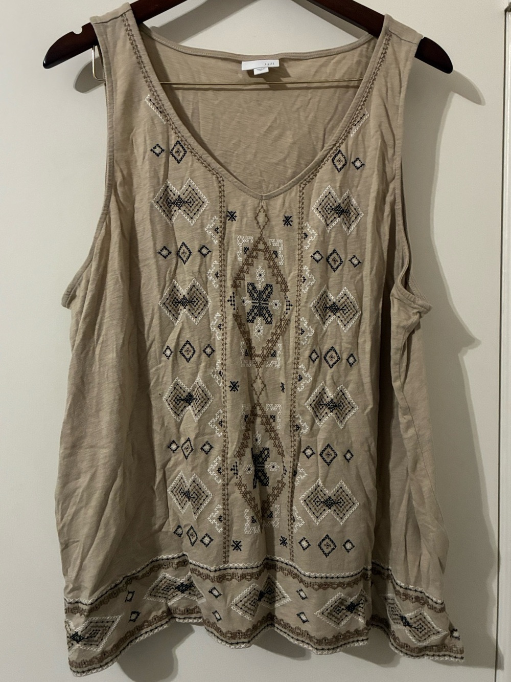 J. Jill XL Beige Embroidered Boho V-Neck Knit Tank Top Cotton Modal